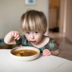 Małe dziecko z apetytem zajada pyszne zupy dla dzieci.