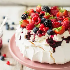 Beza pavlova która zawsze wychodzi, udekorowana bitą śmietaną i mnóstwem świeżych owoców leśnych.