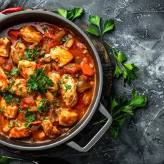 Pyszny kurczak w sosie pomidorowym z warzywami, posypany natką pietruszki. Idealny, dobry szybki obiad na niedzielę.