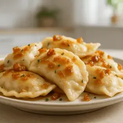 Pyszne pierogi ruskie, jak u babci, polane skwarkami i posypane szczypiorkiem.