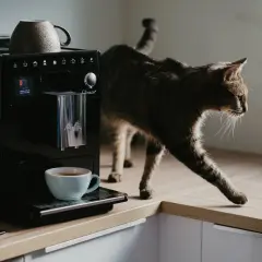 Kot obserwuje ekspres do kawy DeLonghi, który przygotowuje napój. Zastanawiasz się, ile prądu ciągnie ekspres do kawy DeLonghi?