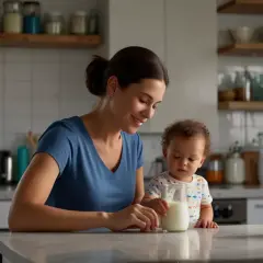 Uśmiechnięta mama z dzieckiem w kuchni, obok mleko w szklance i butelce. Proste wskazówki, jak podgrzać mleko w mikrofali, by było idealne dla malucha.