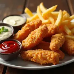 Chrupiące kawałki kurczaka i frytki z sosem ketchup i majonezem na talerzu.