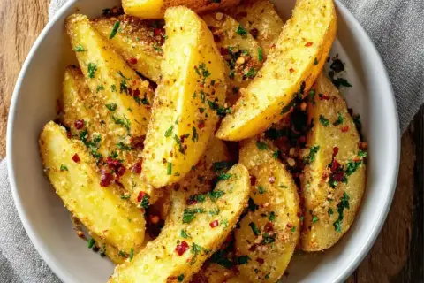 Złociste ziemniaki z grilla, posypane parmezanem, natką pietruszki i płatkami chili, kuszą aromatem.