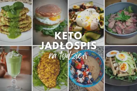 Keto jadłospis na tydzień: placki z cukinii, burger z jajkiem, sałatka z jajkiem i warzywami, stek, koktajl, kurczak, owsianka z owocami i gofry z awokado.