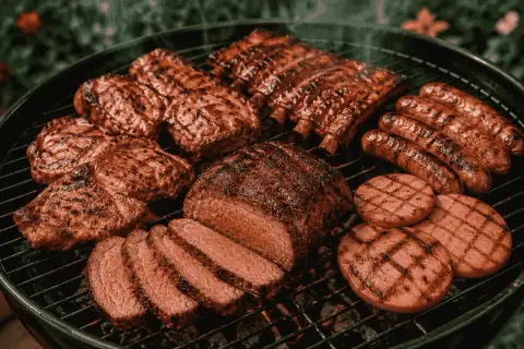 Pyszne grillowanie: żeberka, kiełbaski, steki i pieczeń na ruszcie.