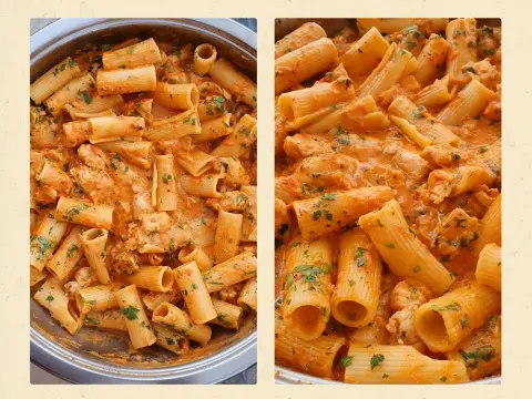 Prosty przepis na makaron penne z kurczakiem w sosie pomidorowym