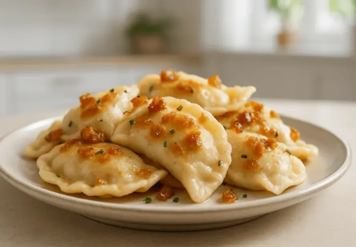 Pyszne pierogi ruskie, jak u babci, polane skwarkami i posypane szczypiorkiem.