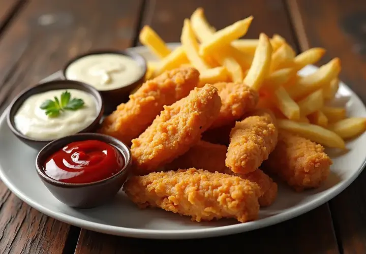 Chrupiące kawałki kurczaka i frytki z sosem ketchup i majonezem na talerzu.