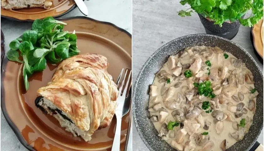 Pyszne mięso na obiad: pieczone w cieście francuskim i kurczak w sosie śmietanowo-grzybowym.
