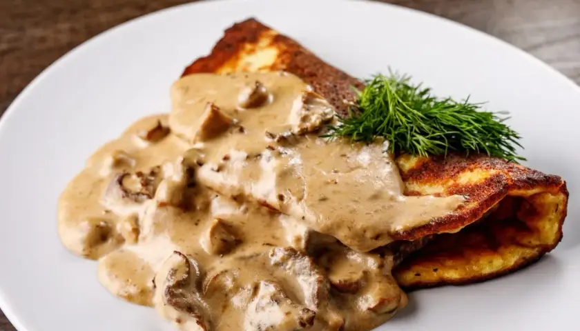 Placki ziemniaczane z polędwiczkami w sosie grzybowym, idealna surówka do polędwiczek w sosie grzybowym to świeży koperek.