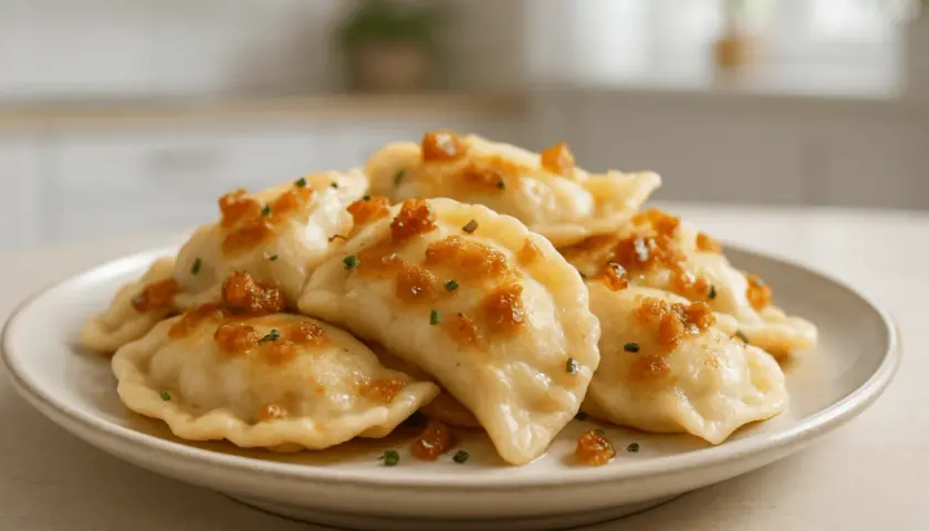 Pyszne pierogi ruskie, jak u babci, polane skwarkami i posypane szczypiorkiem.
