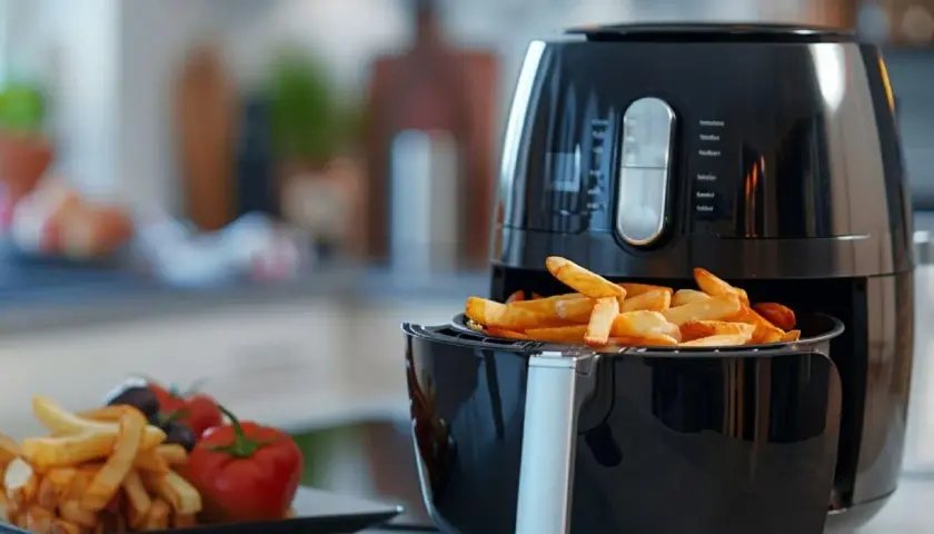 Frytki z frytkownicy beztłuszczowej, idealne do airfryer przepisy po polsku. Obok talerz z frytkami, pomidorkami i oliwkami.