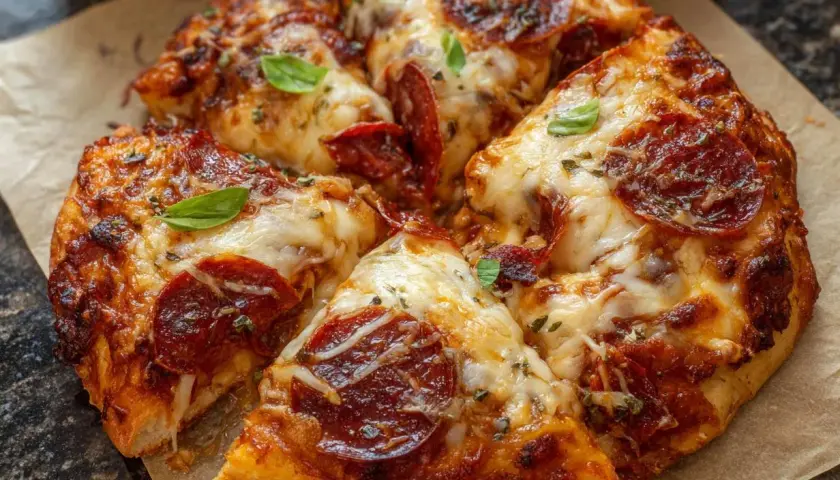 Pyszna pizza z pepperoni, z ciągnącym się serem i świeżą bazylią, przygotowana w air fryerze.