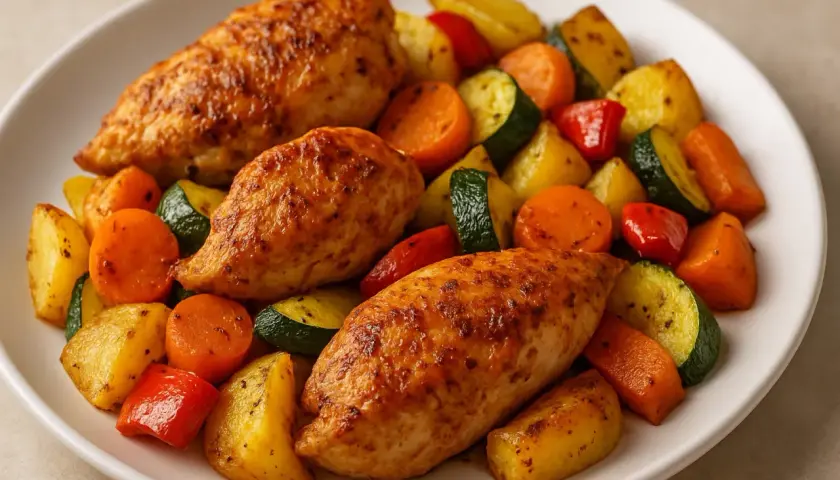 Soczyste piersi z kurczaka z airfryer, podane z pieczonymi ziemniakami, marchewką, cukinią i papryką. Pyszny i zdrowy obiad.