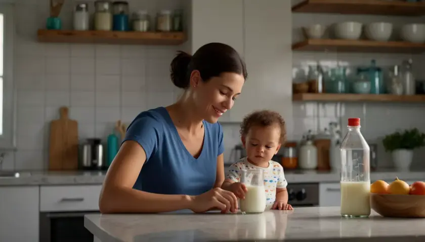 Uśmiechnięta mama z dzieckiem w kuchni, obok mleko w szklance i butelce. Proste wskazówki, jak podgrzać mleko w mikrofali, by było idealne dla malucha.