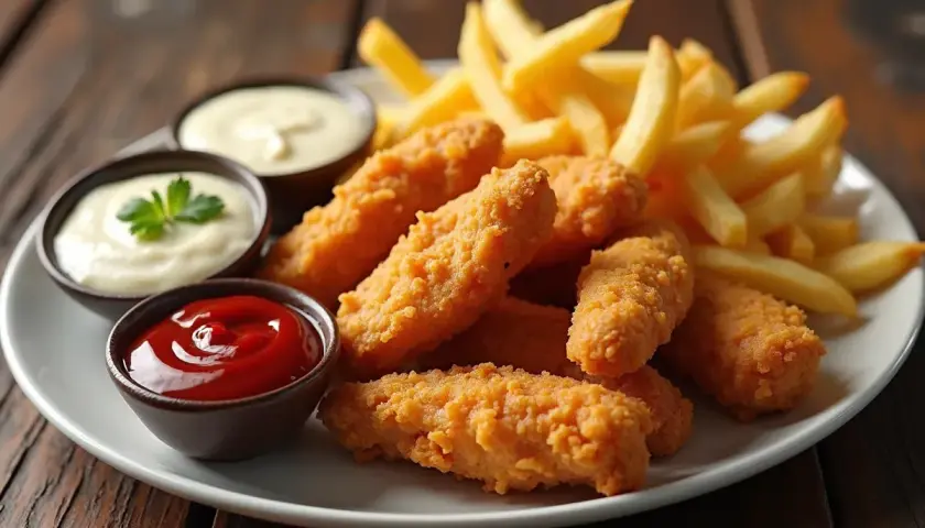Chrupiące kawałki kurczaka i frytki z sosem ketchup i majonezem na talerzu.