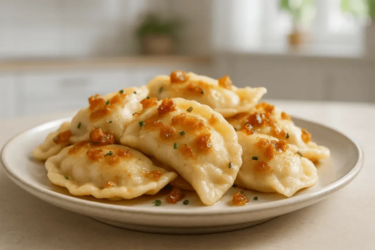 Pyszne pierogi ruskie, jak u babci, polane skwarkami i posypane szczypiorkiem.