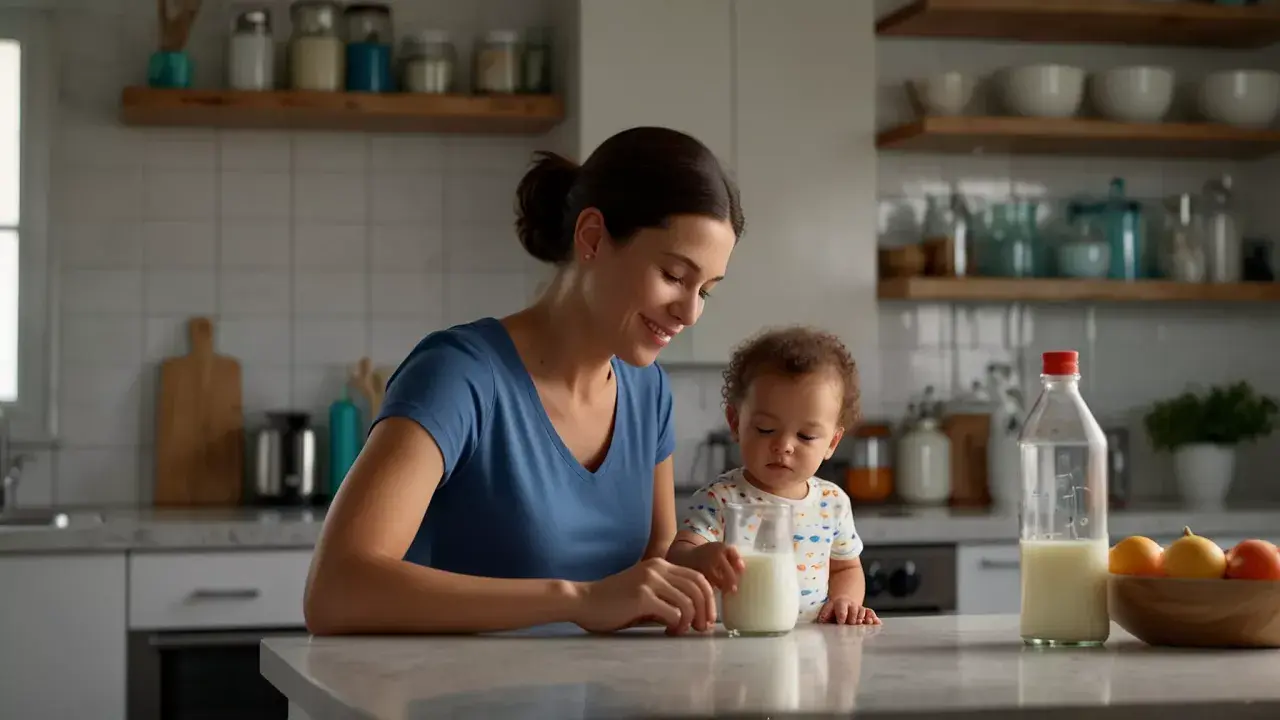 Uśmiechnięta mama z dzieckiem w kuchni, obok mleko w szklance i butelce. Proste wskazówki, jak podgrzać mleko w mikrofali, by było idealne dla malucha.
