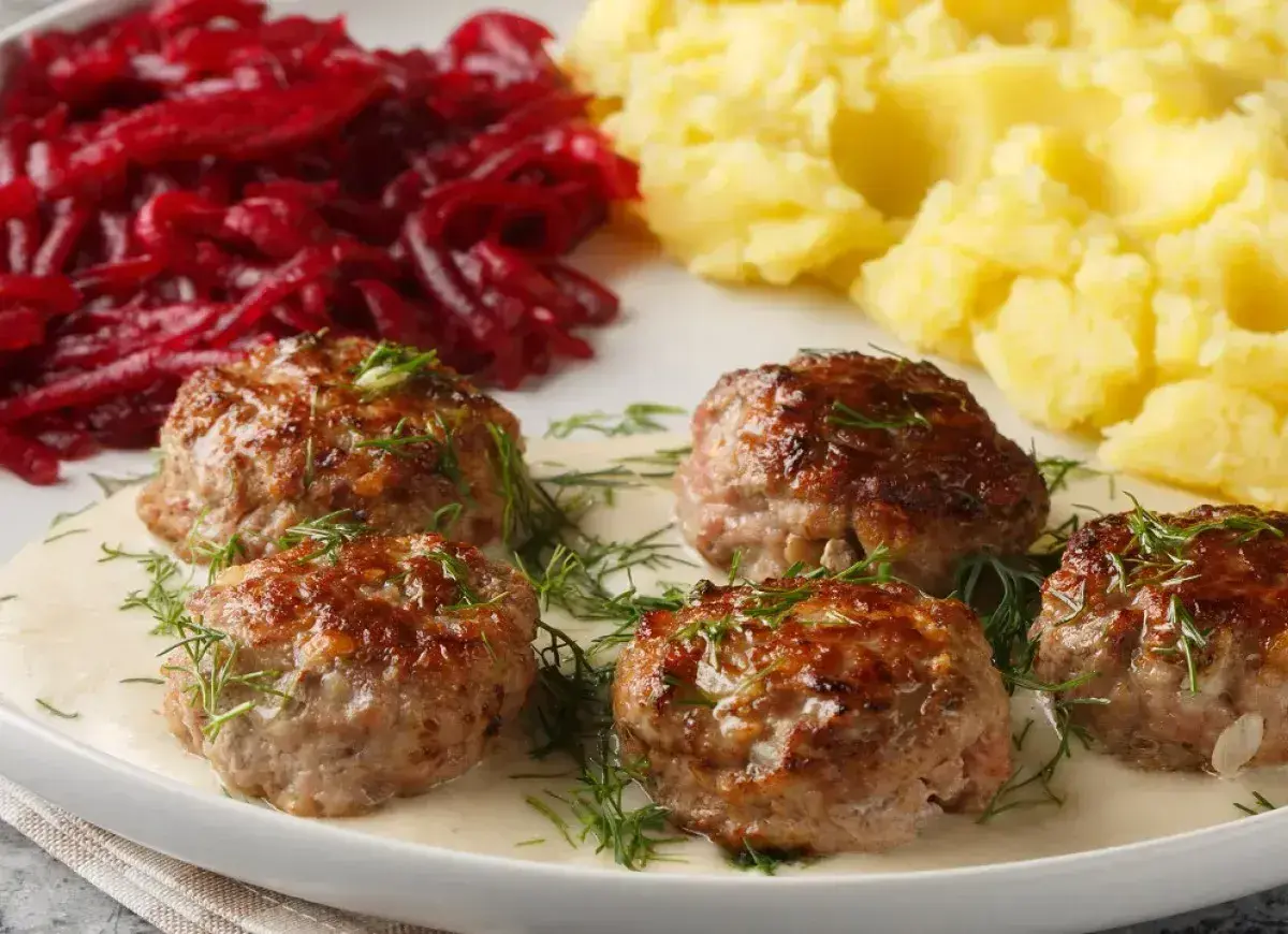 Pięć soczystych klopsów w kremowym sosie, udekorowanych koperkiem, podanych z purée ziemniaczanym i buraczkami.