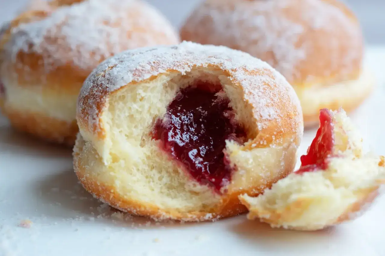 Puszyste pączki z dżemem, posypane cukrem pudrem. Idealne na tłusty czwartek, te fit pączki kuszą swoim wyglądem.
