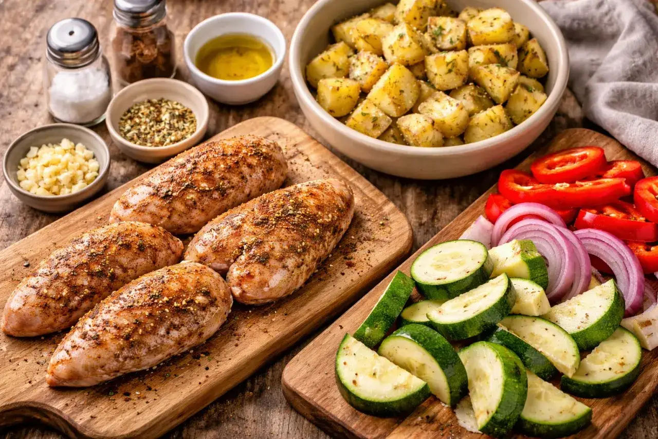 Pyszne air fryer przepisy obiad: pieczone piersi kurczaka, ziemniaki, cukinia, papryka i cebula.