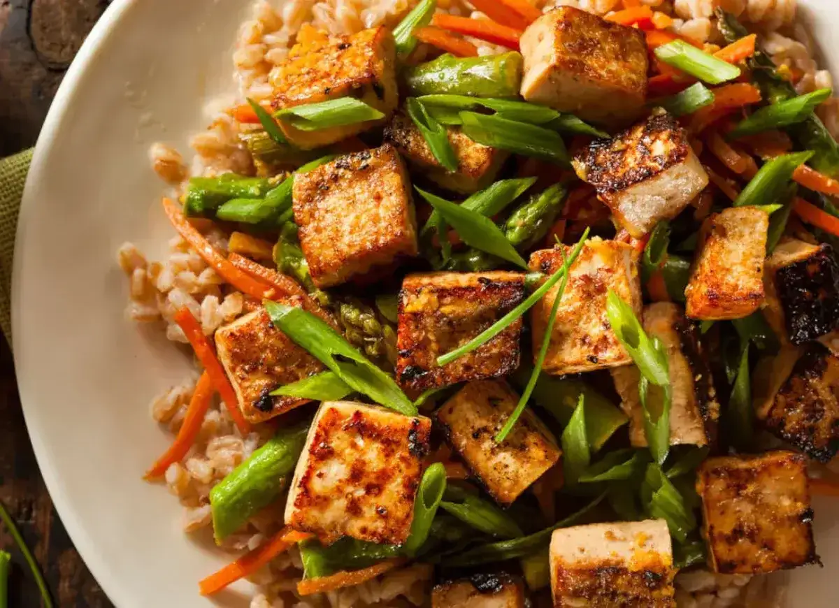 Smażone kostki tofu z warzywami i kaszą. Inspiracja na zdrowe tofu przepisy.