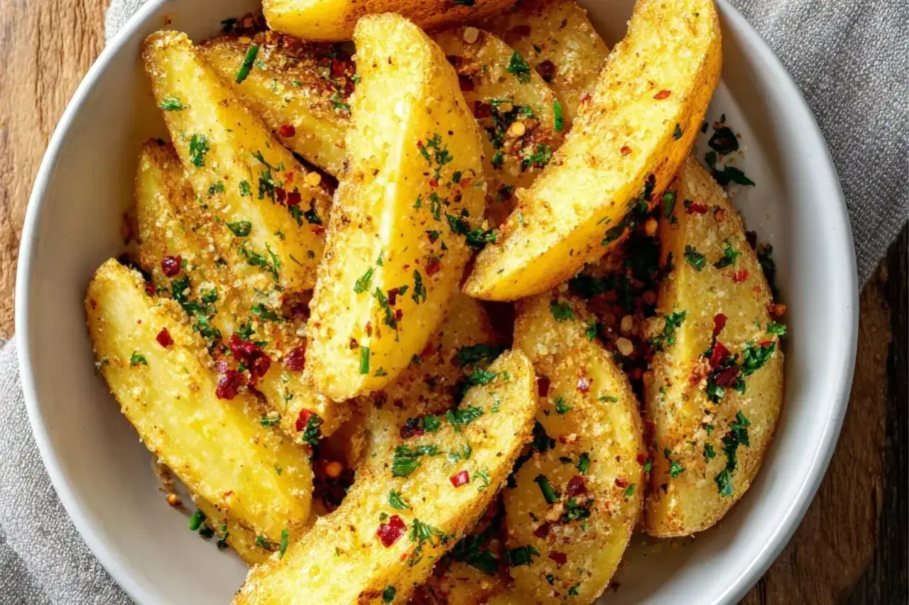 Złociste, pieczone ziemniaki podgotowane, posypane parmezanem, natką pietruszki i płatkami chili.