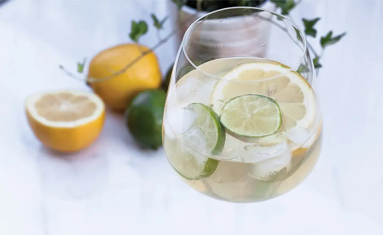 Orzeźwiający szprycer z cytryną i limonką, podany z lodem. W tle cytryny i limonki.