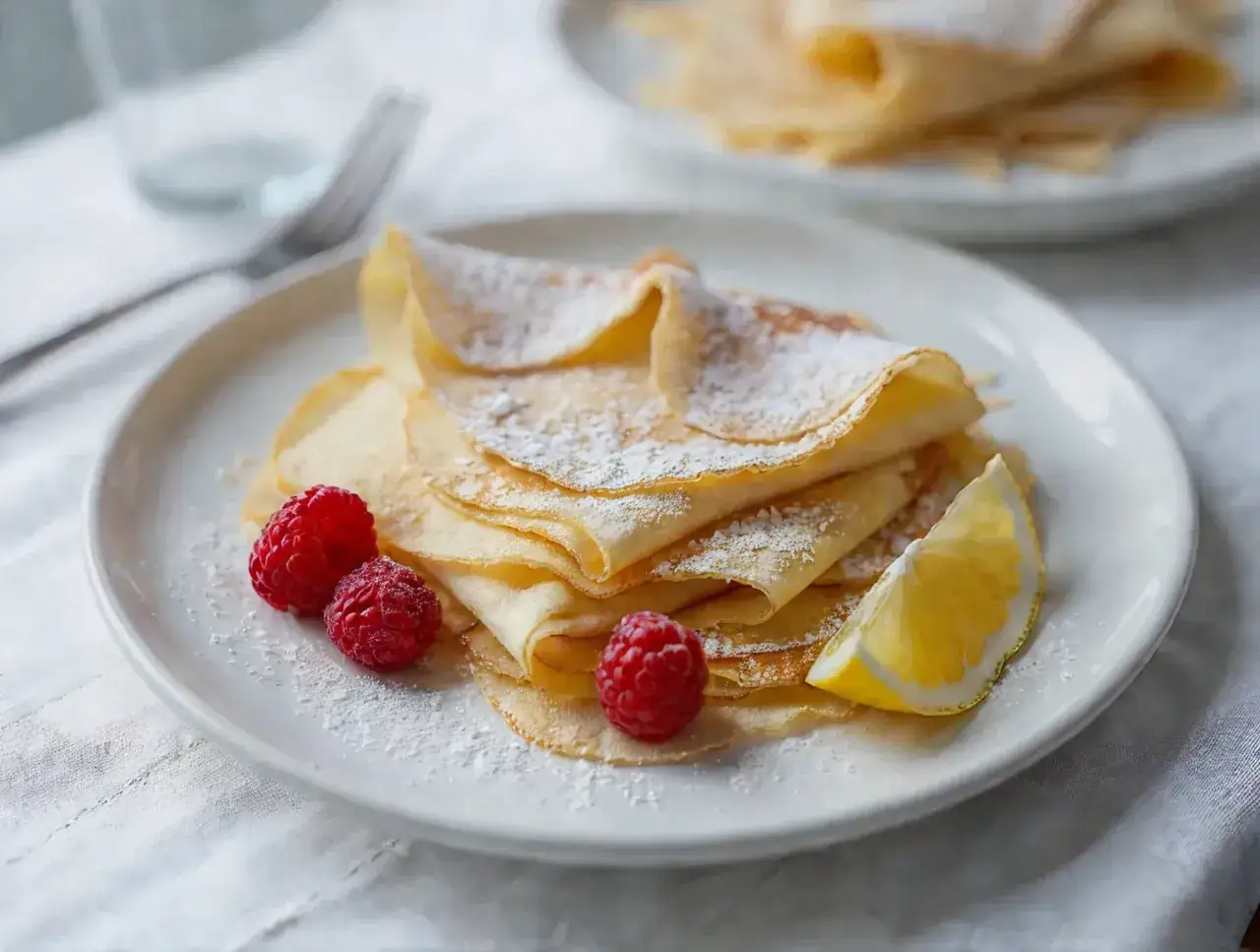 Stos cienkich, puszystych crepes, posypanych cukrem pudrem, z malinami i plasterkiem cytryny na talerzu.